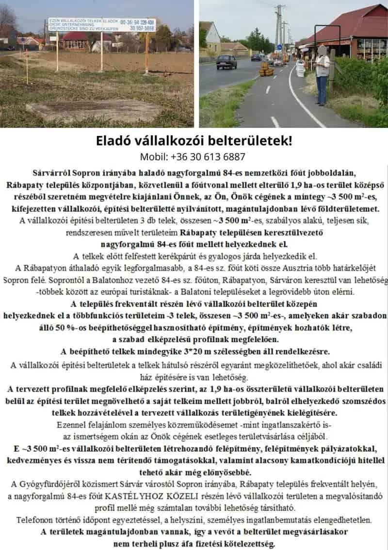 Vállalkozói Belterületi Ingatlanok Eladó