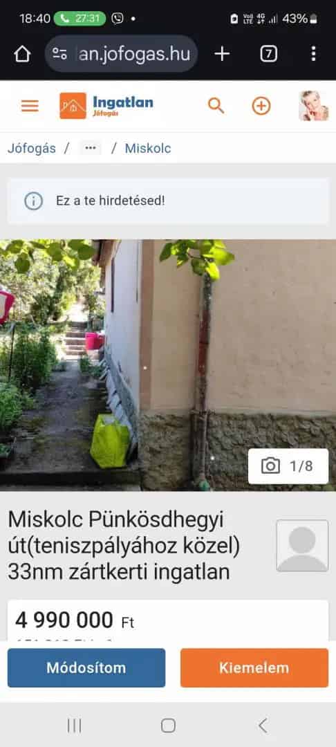 Miskolc Pünkösdhegyi út 1178 m2 telek 33 m2 ház eladó