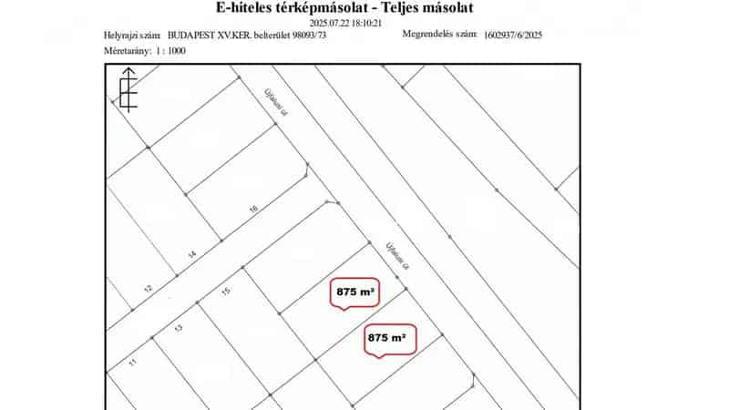 875 nm-es építési telek Budapest XV kerület Palota Ligetben
